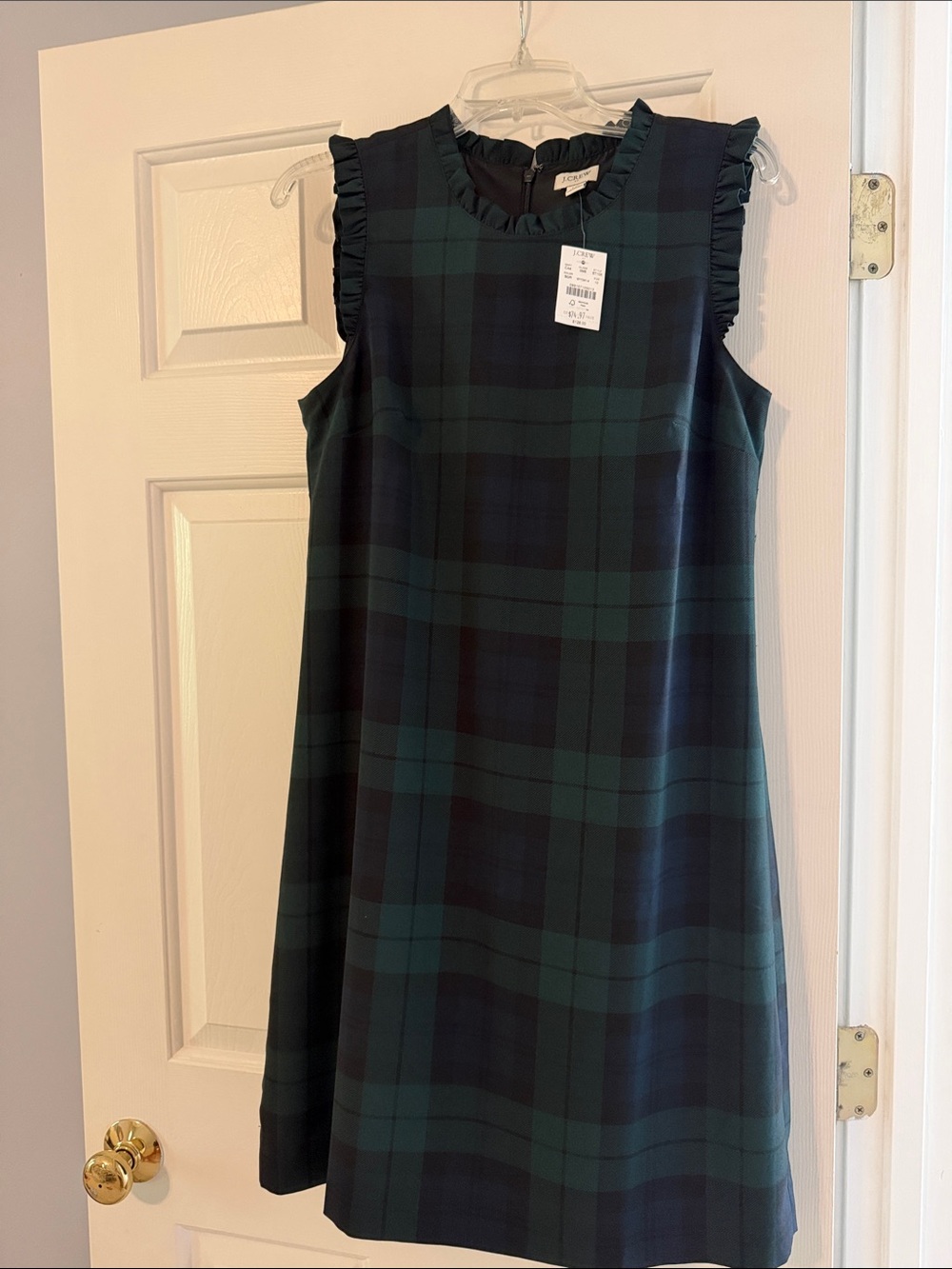 J. Crew Ruffle-Sleeve Plaid A-Line Dress in Navy & Green